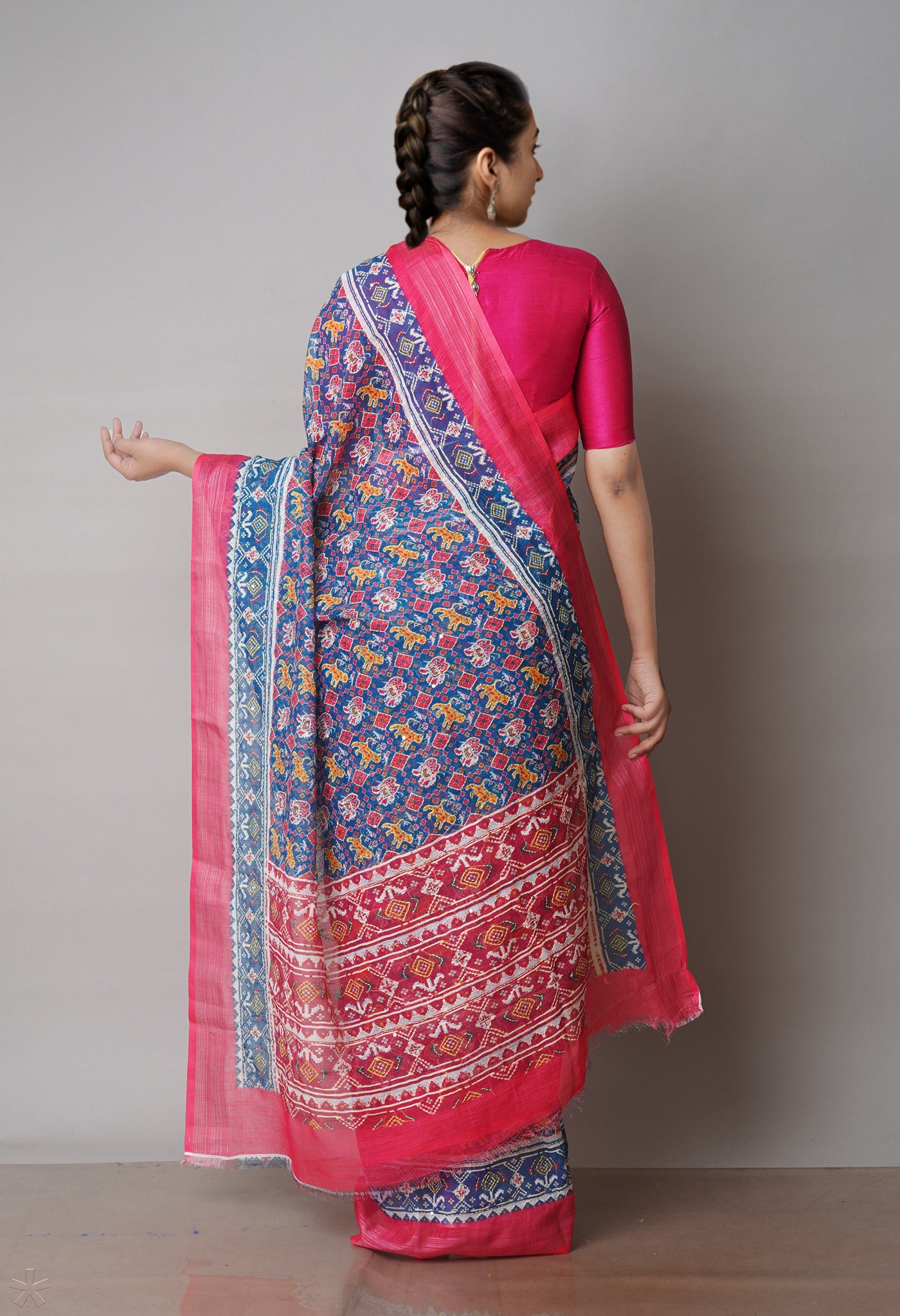Peacock Blue Digital Printed Linen Saree With Hand Kantha Work