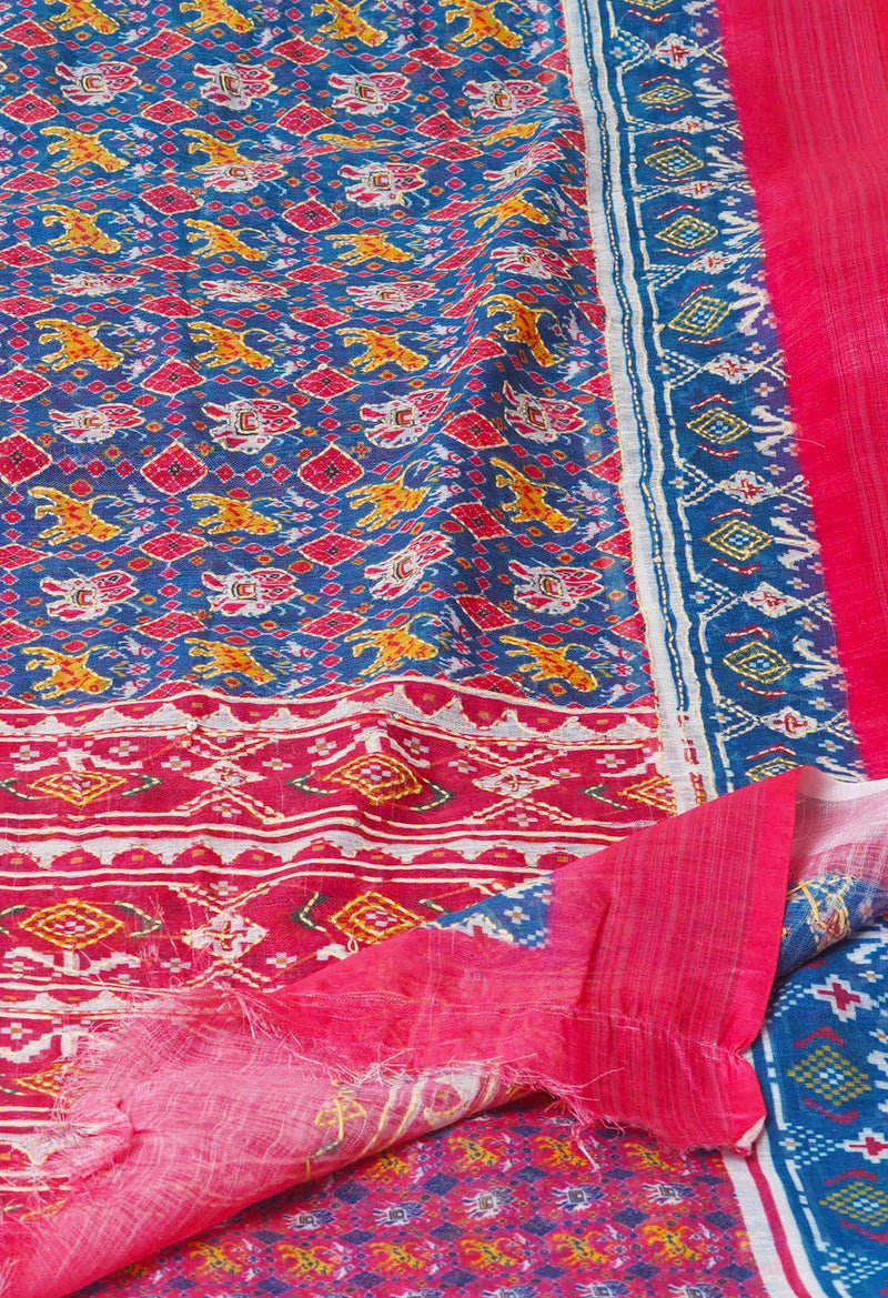 Peacock Blue  Digital Printed Linen Saree With Hand Kantha Work -UNM71721