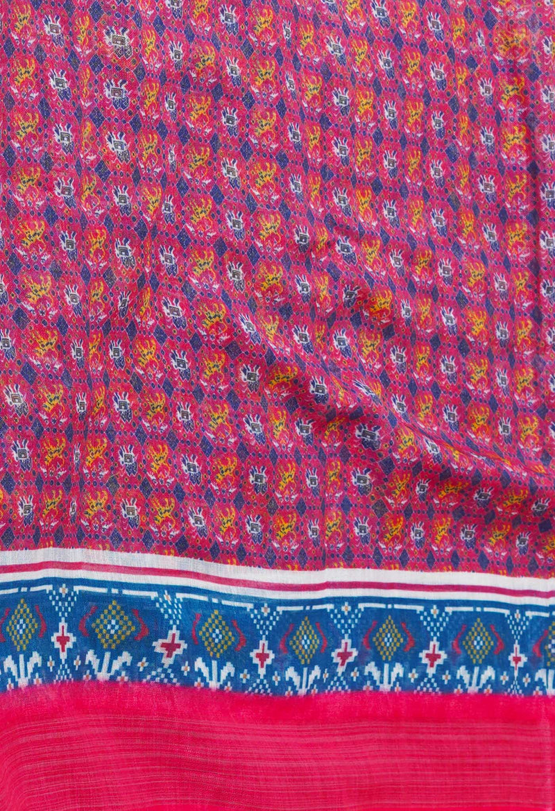 Peacock Blue  Digital Printed Linen Saree With Hand Kantha Work -UNM71721
