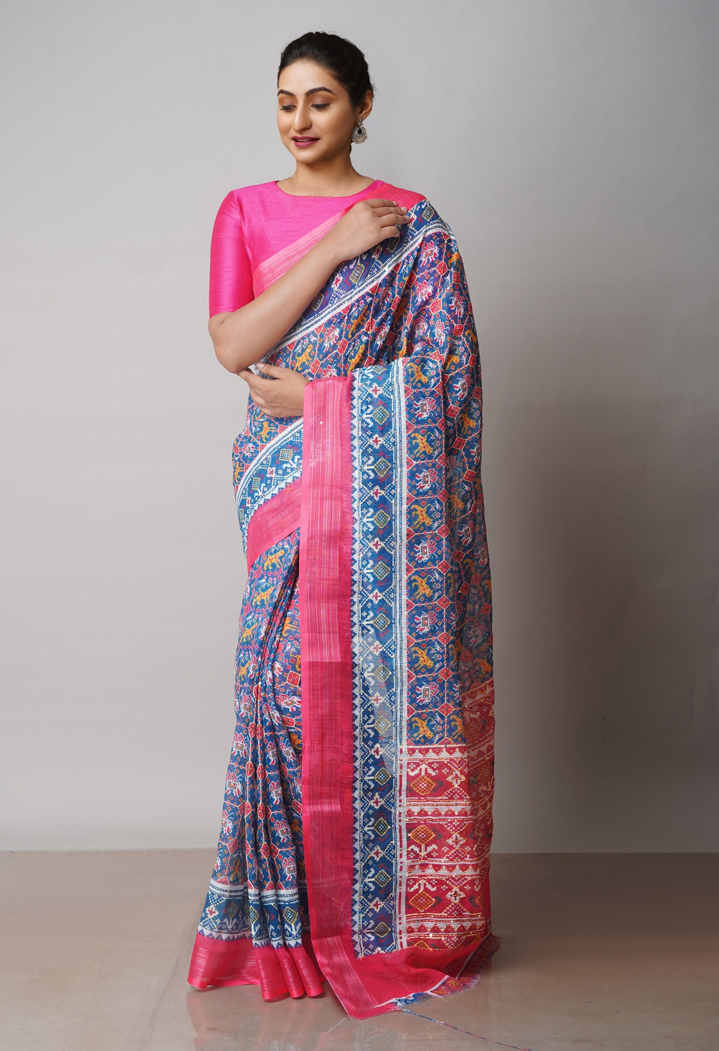 Peacock Blue Digital Printed Linen Saree With Hand Kantha Work