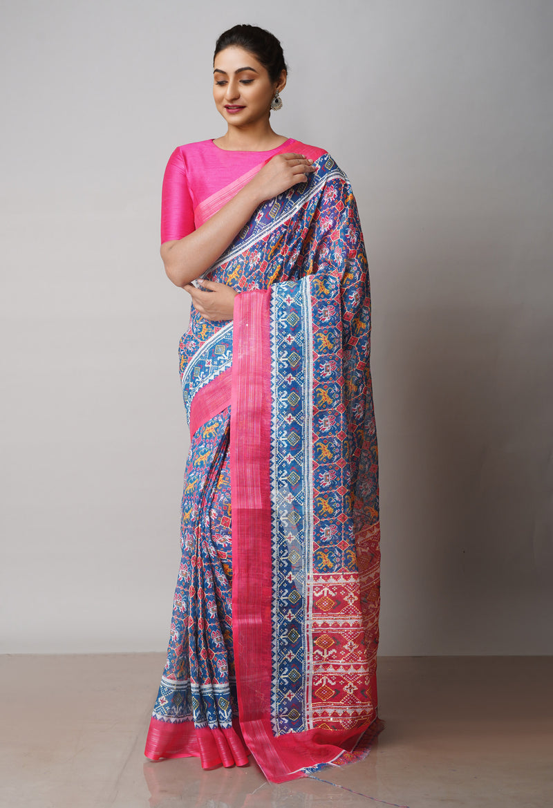 Peacock Blue  Digital Printed Linen Saree With Hand Kantha Work -UNM71722