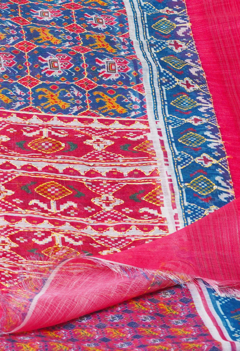 Peacock Blue  Digital Printed Linen Saree With Hand Kantha Work -UNM71722