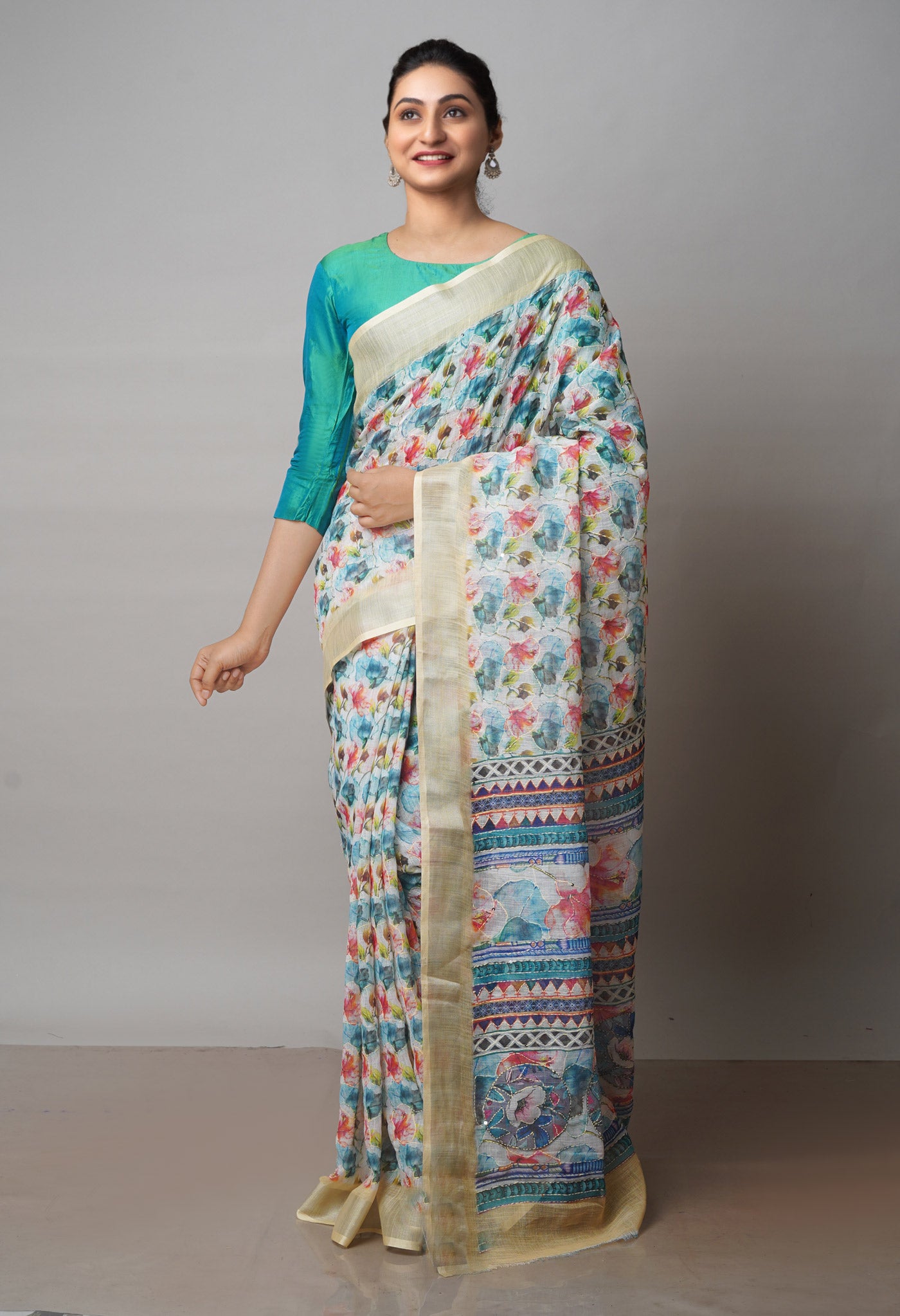 Multi Digital Printed Linen Saree With Hand Kantha Work