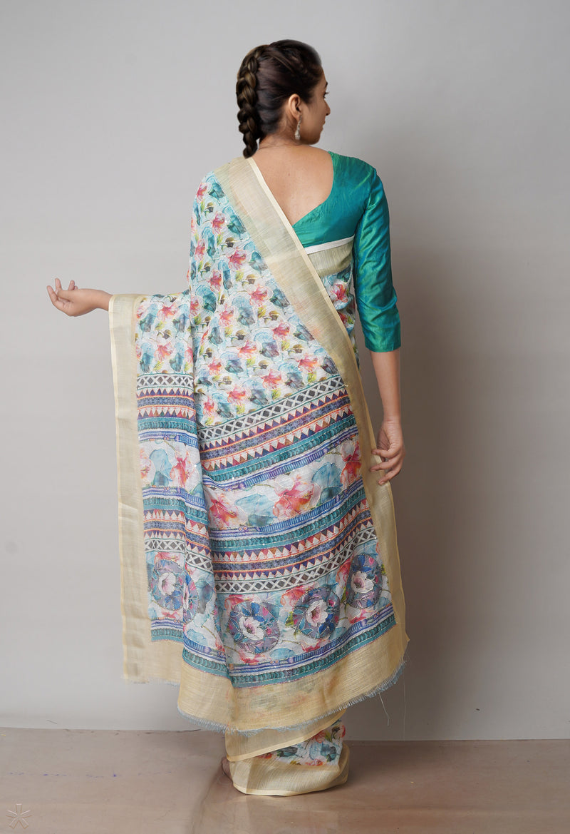 Multi  Digital Printed Linen Saree With Hand Kantha Work -UNM71723