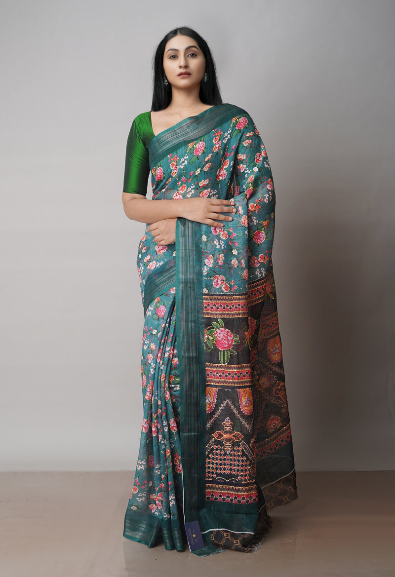 Viridian Green  Digital Printed Linen Saree With Hand Kantha Work -UNM71725