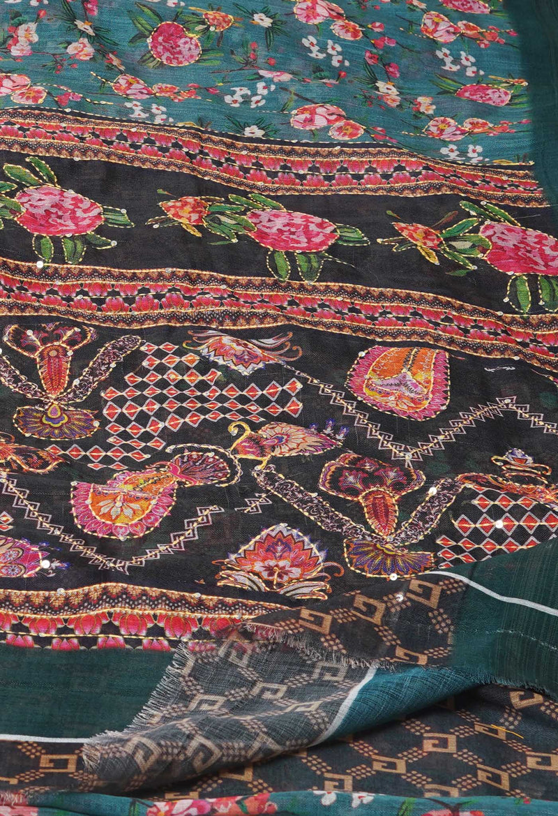 Viridian Green  Digital Printed Linen Saree With Hand Kantha Work -UNM71725