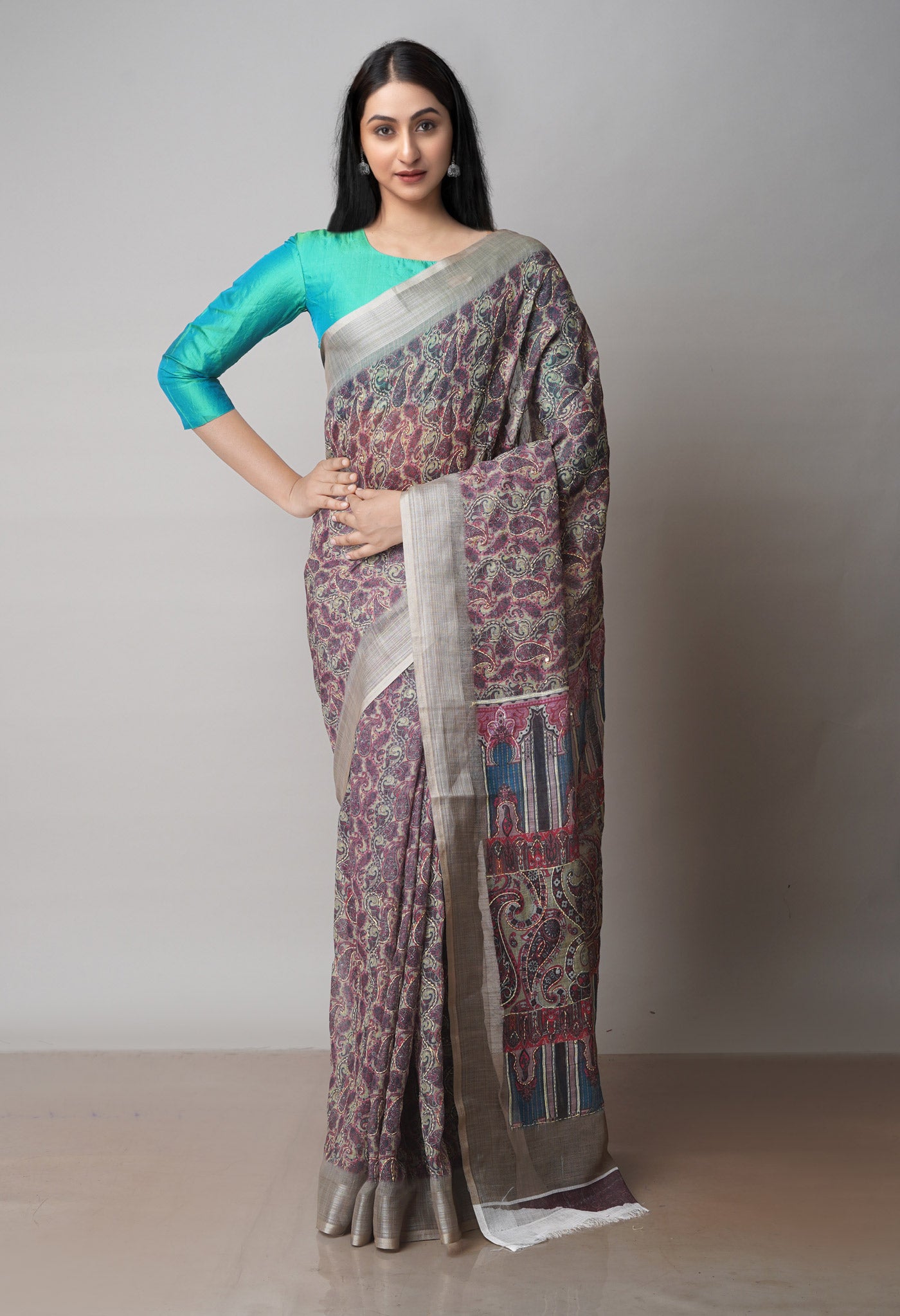 Green Digital Printed Linen Saree With Hand Kantha Work