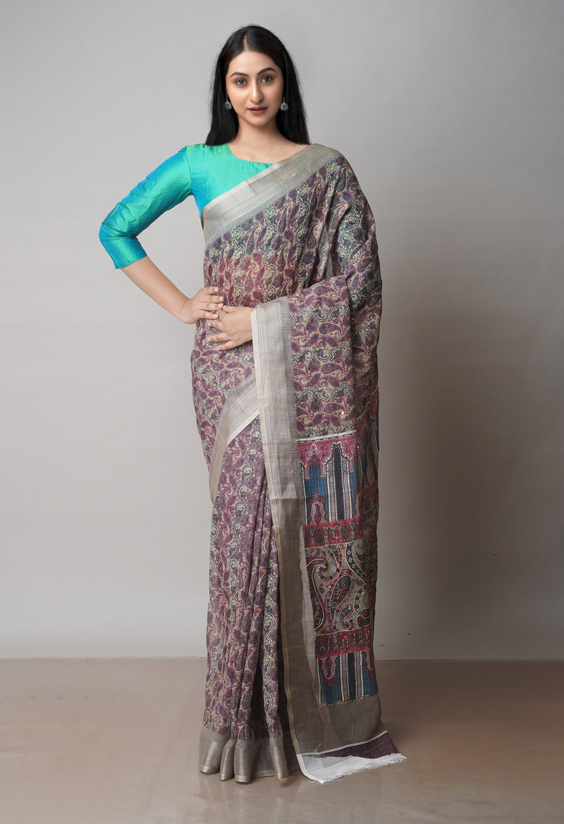 Farrow And Ball Olive Green  Digital Printed Linen Saree With Hand Kantha Work -UNM71726