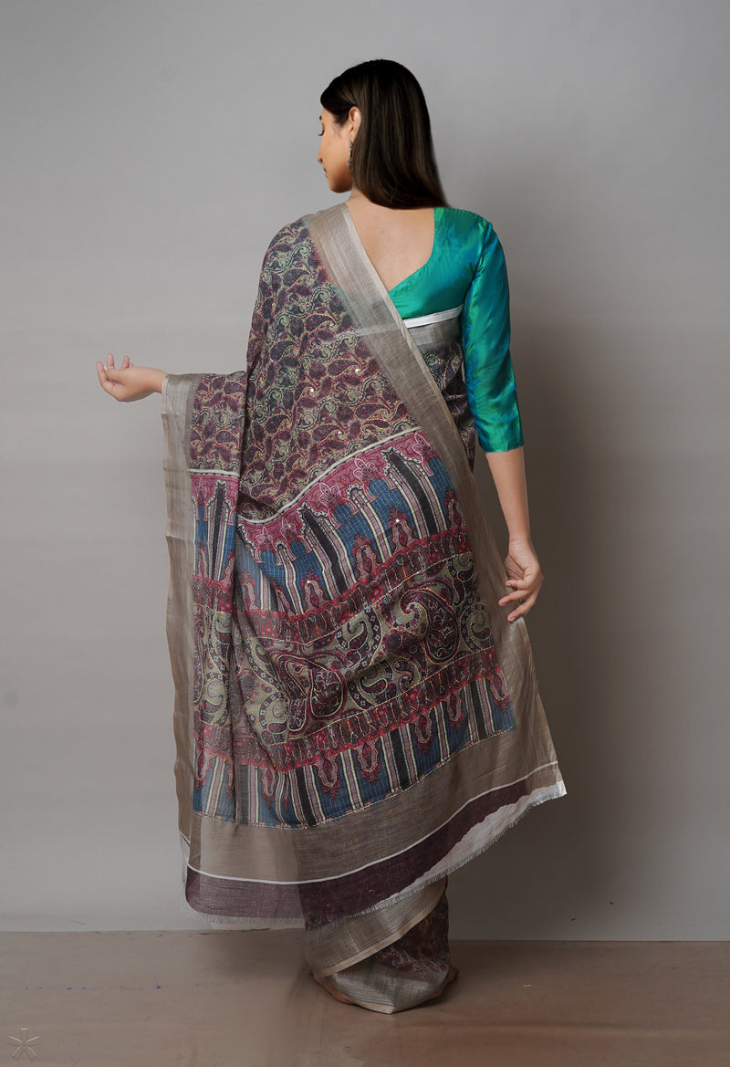 Farrow And Ball Olive Green  Digital Printed Linen Saree With Hand Kantha Work -UNM71726