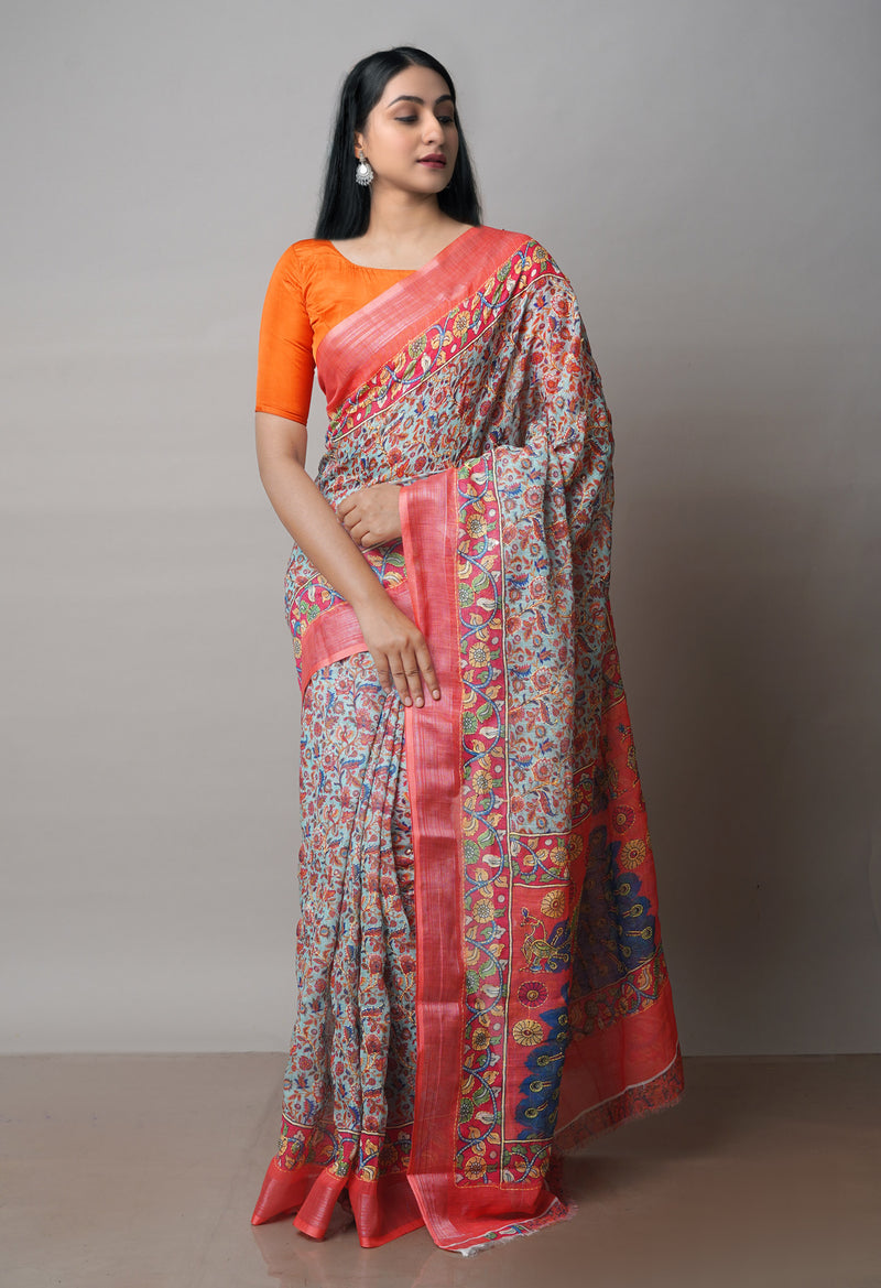 Pale Blue  Digital Printed Linen Saree With Hand Kantha Work -UNM71727