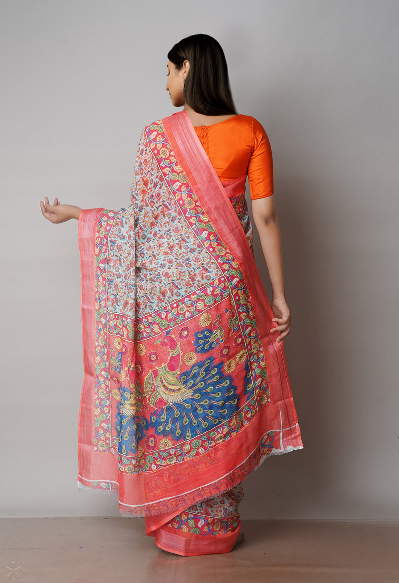 Pale Blue  Digital Printed Linen Saree With Hand Kantha Work -UNM71727