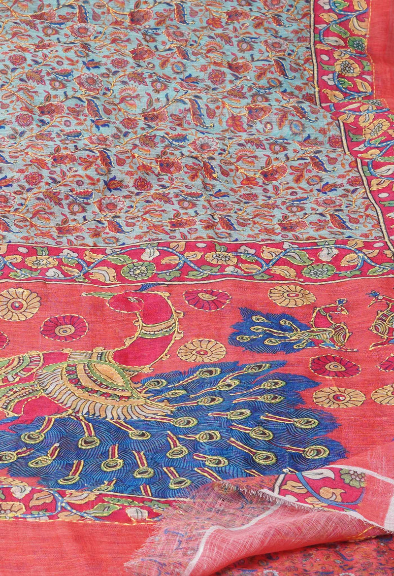 Pale Blue  Digital Printed Linen Saree With Hand Kantha Work -UNM71727