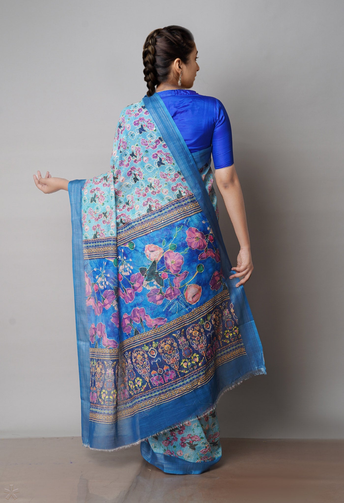 Pale Blue Digital Printed Linen Saree With Hand Kantha Work
