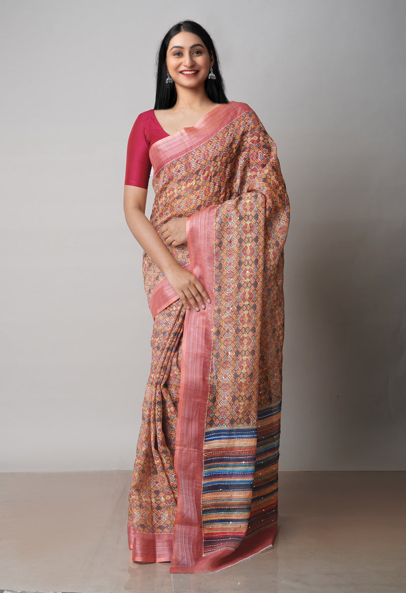 Multi  Digital Printed Linen Saree With Hand Kantha Work -UNM71730