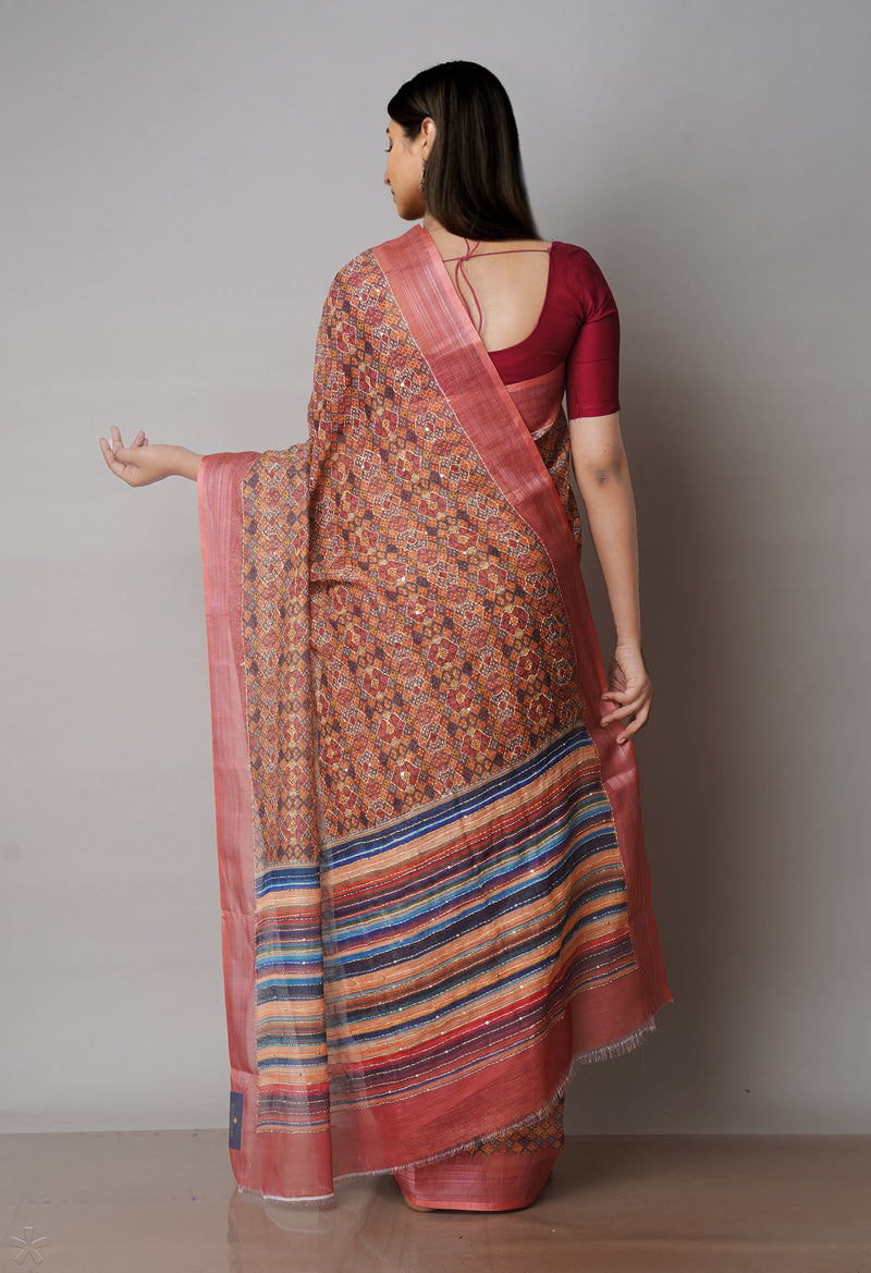 Multi  Digital Printed Linen Saree With Hand Kantha Work -UNM71730
