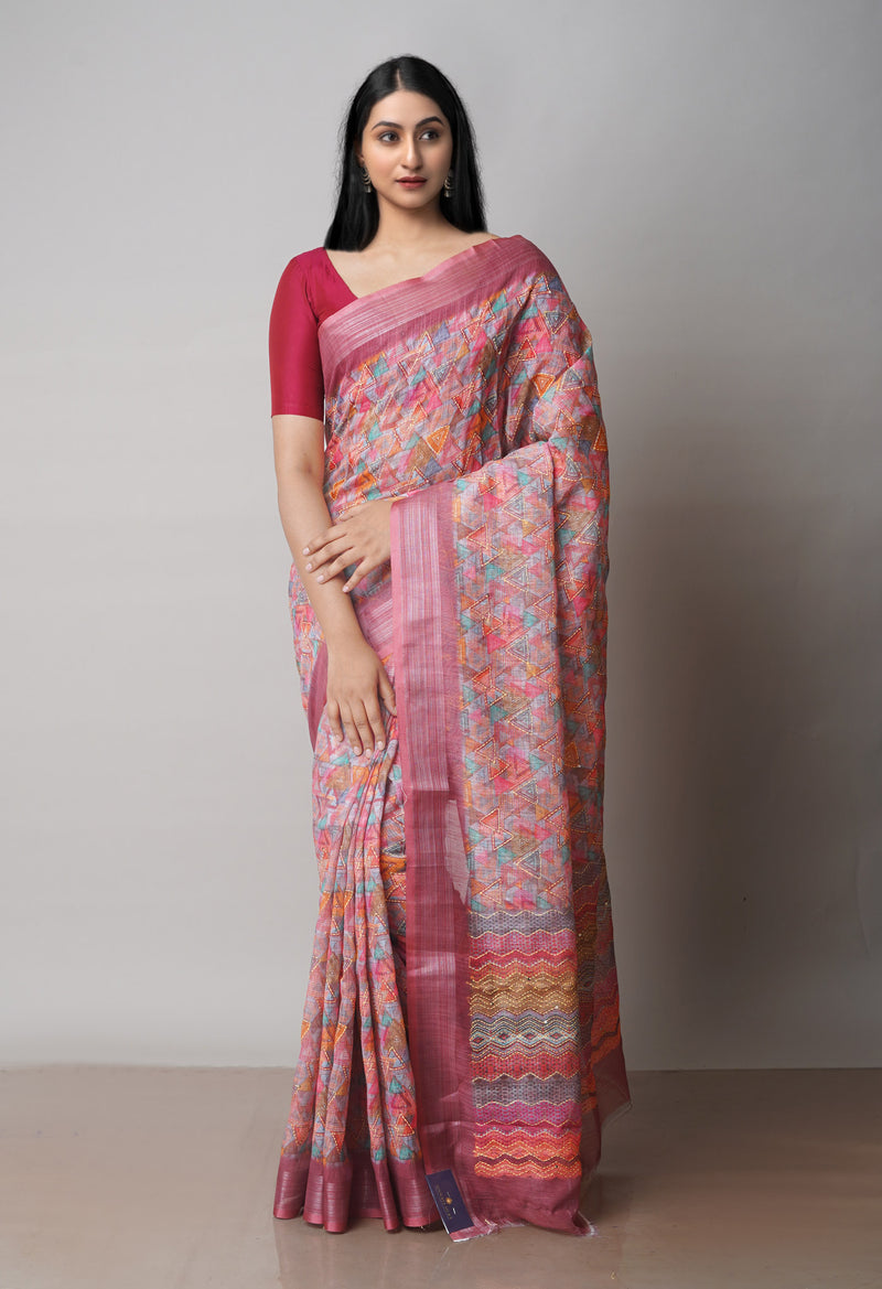 Multi  Digital Printed Linen Saree With Hand Kantha Work -UNM71731
