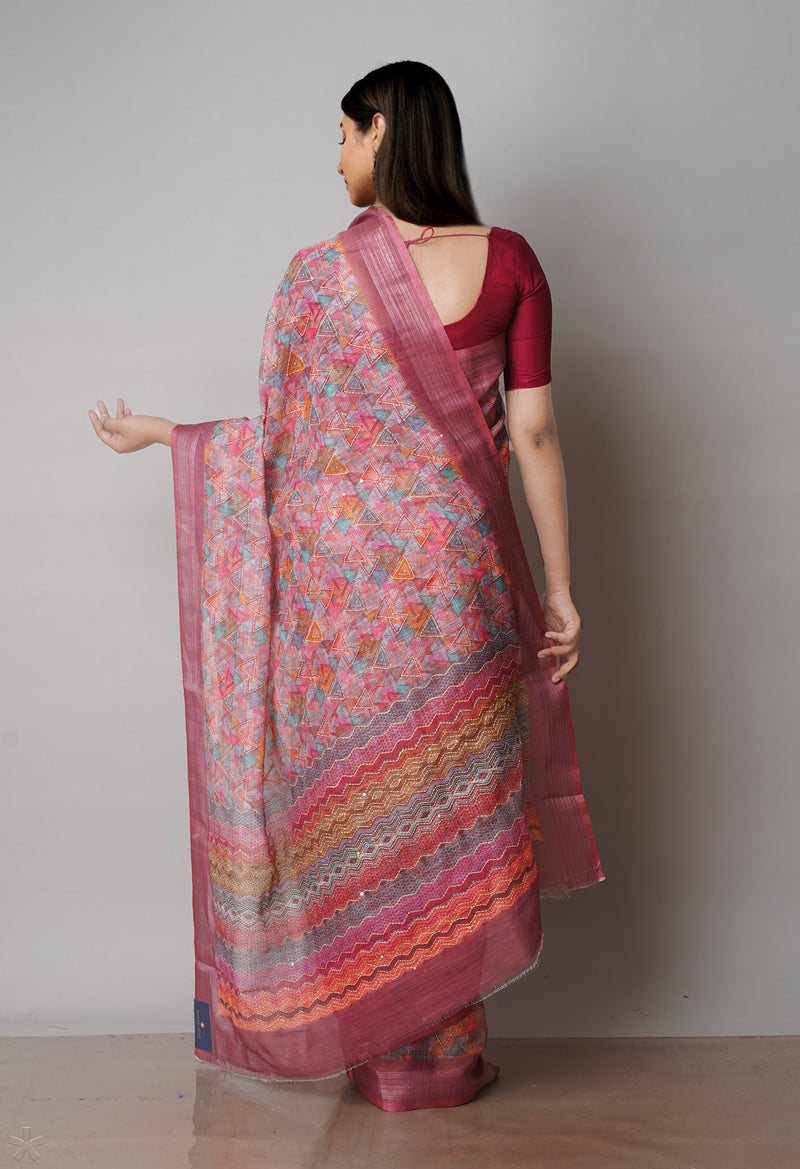 Multi  Digital Printed Linen Saree With Hand Kantha Work -UNM71731