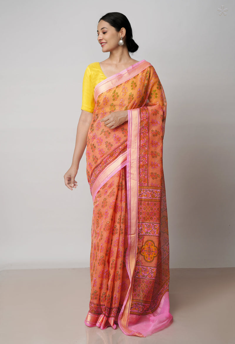 Orange Pure  Block Printed Kota Cotton Saree-UNM71736