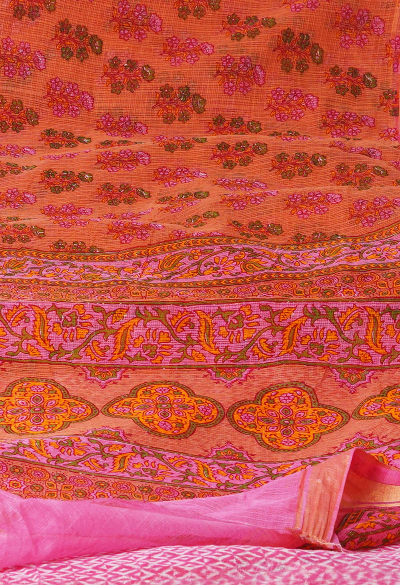 Orange Pure  Block Printed Kota Cotton Saree-UNM71736