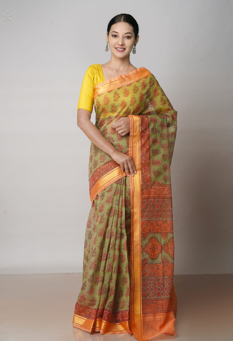 Green Pure  Block Printed Kota Cotton Saree-UNM71737