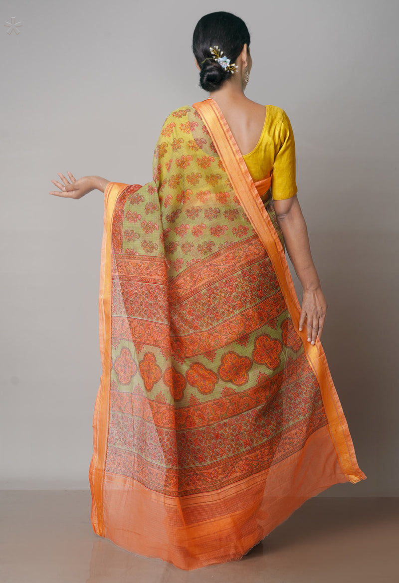 Green Pure  Block Printed Kota Cotton Saree-UNM71737