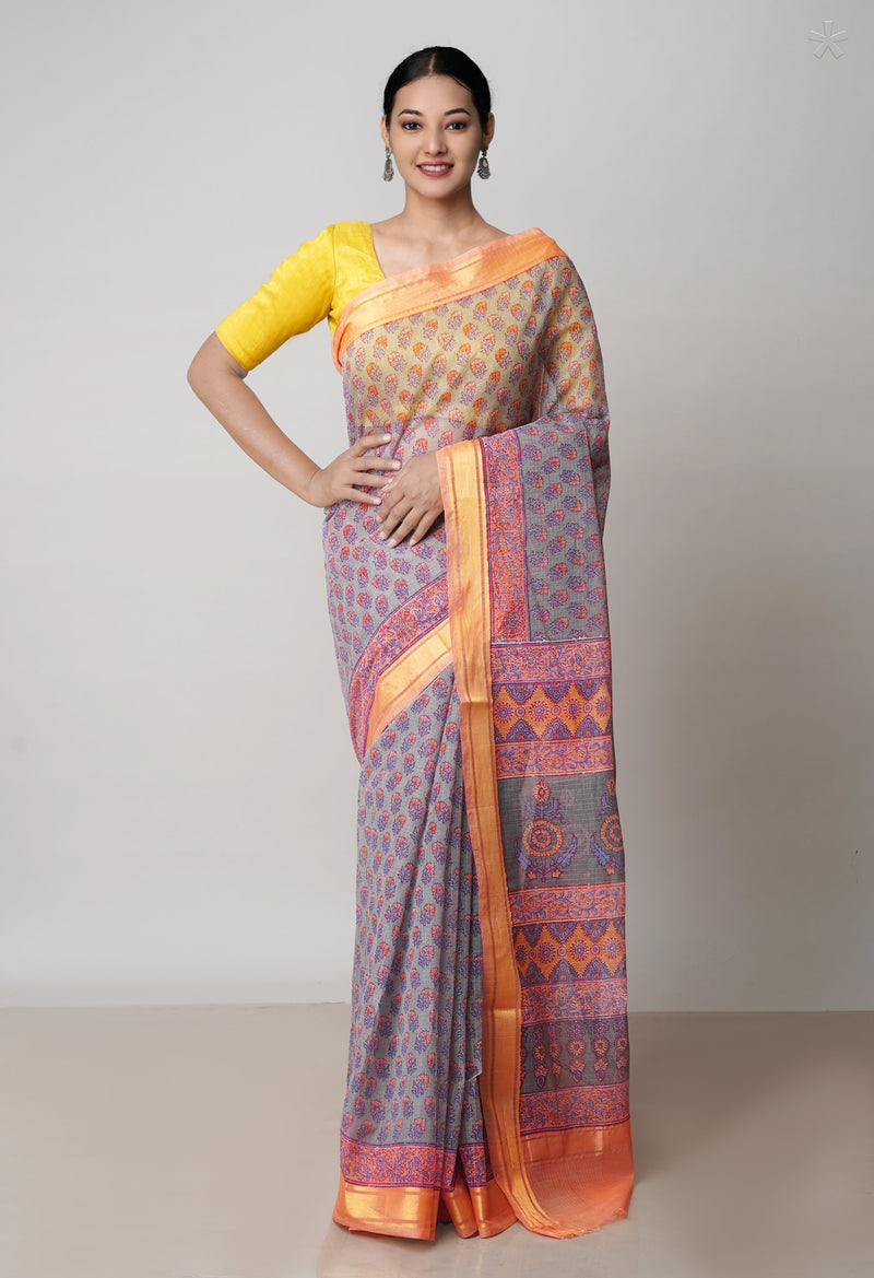 Grey Pure  Block Printed Kota Cotton Saree-UNM71738