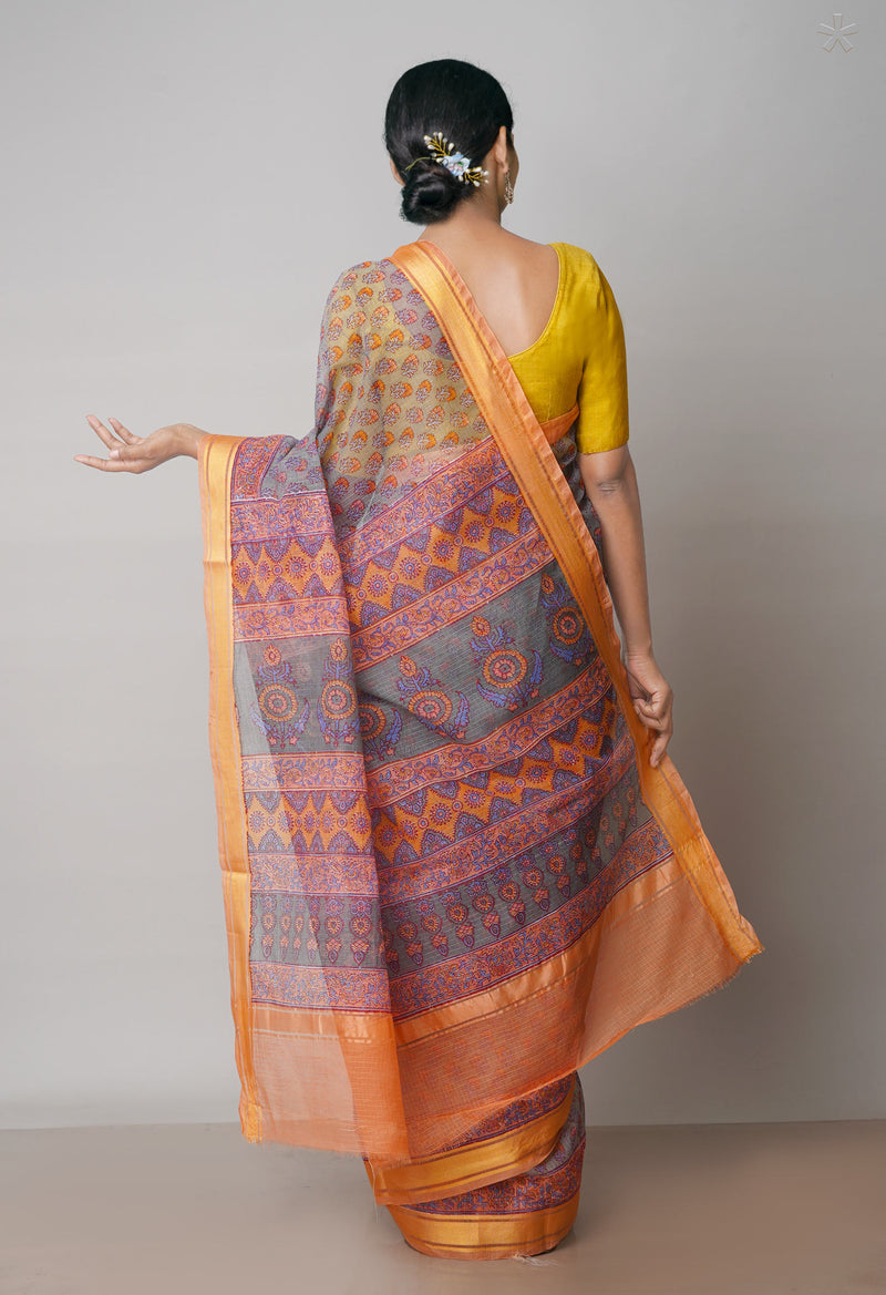 Grey Pure  Block Printed Kota Cotton Saree-UNM71738