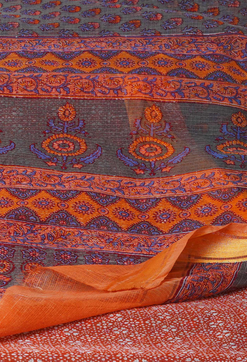Grey Pure  Block Printed Kota Cotton Saree-UNM71738