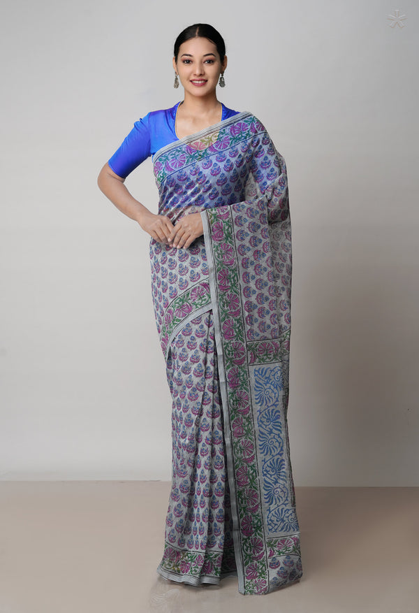 Grey  Block Printed Meghalaya Checks  Supernet Saree With  Dabu Printed Blouse Piece-UNM71779