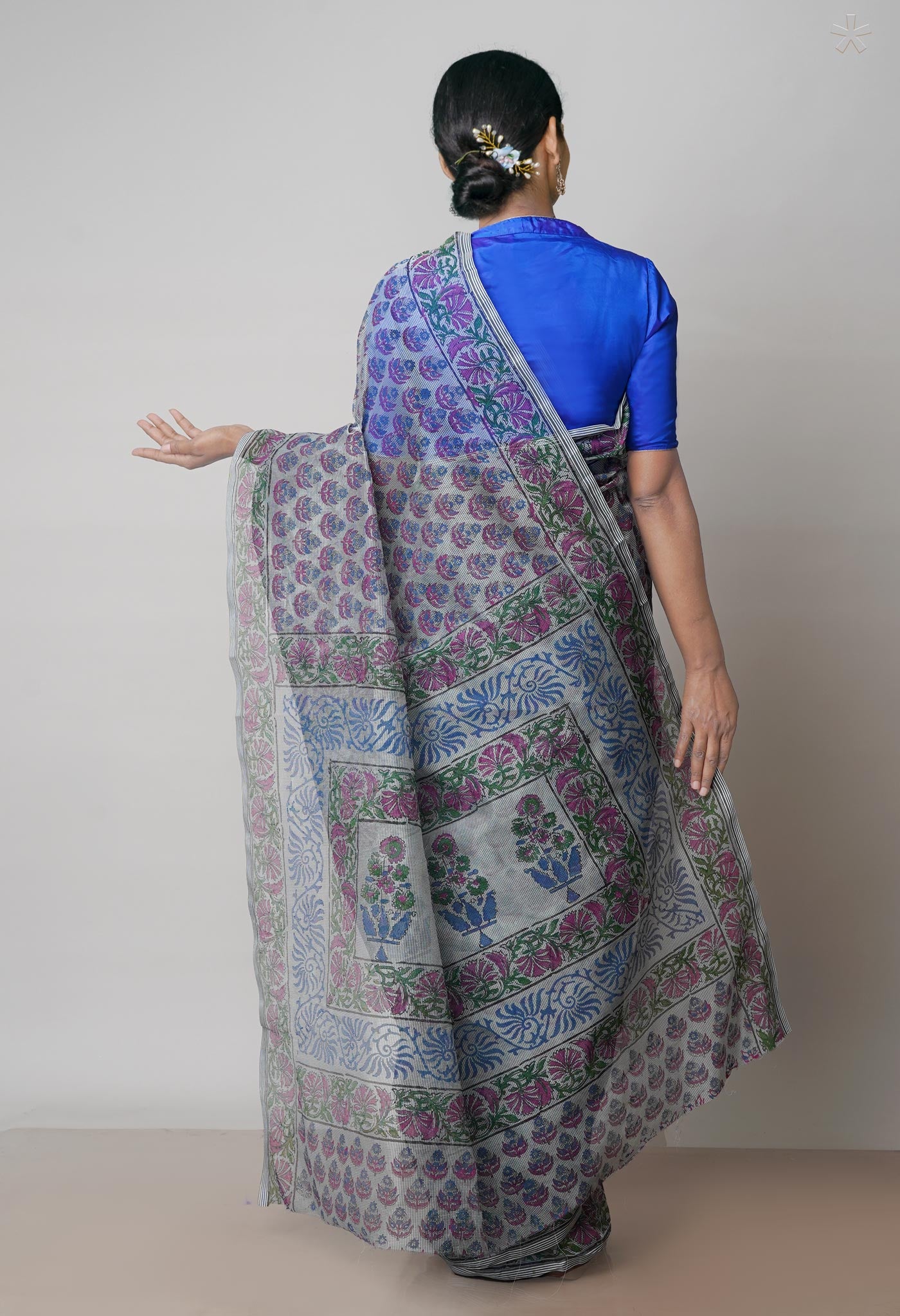 Grey  Block Printed Meghalaya Checks  Supernet Saree With  Dabu Printed Blouse Piece-UNM71779