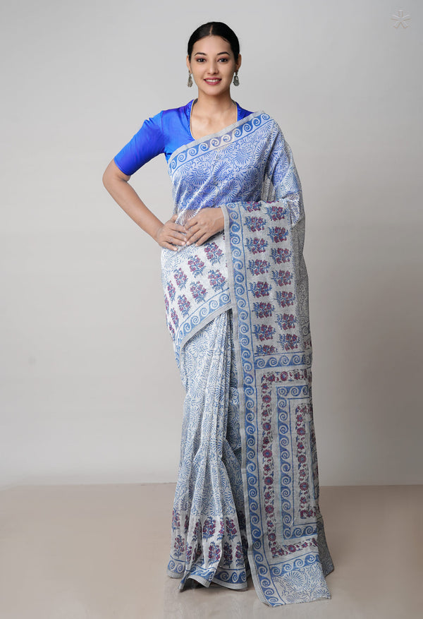 Off White  Block Printed Meghalaya Checks  Supernet Saree With Bagru Printed BlousePiece-UNM71780