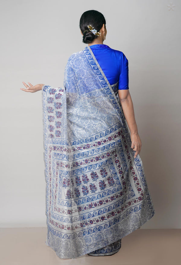 Off White  Block Printed Meghalaya Checks  Supernet Saree With Bagru Printed BlousePiece-UNM71780