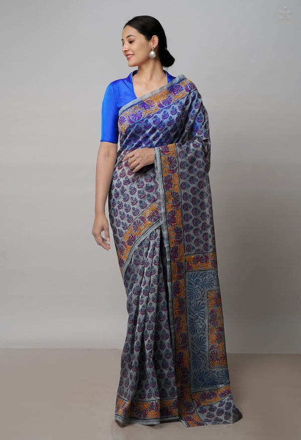 Grey  Block Printed Meghalaya Checks  Supernet Saree With  Dabu Printed BlousePiece-UNM71781