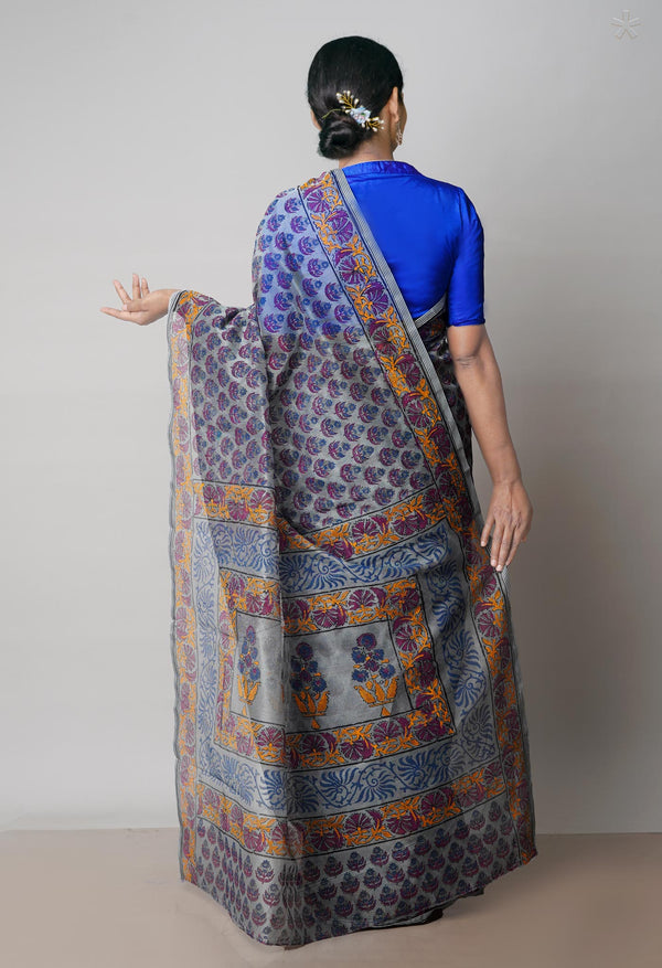Grey  Block Printed Meghalaya Checks  Supernet Saree With  Dabu Printed BlousePiece-UNM71781
