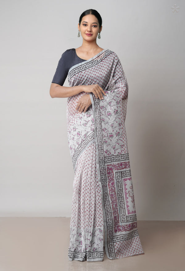 Off White  Block Printed Meghalaya Checks  Supernet Saree With  Bagru Printed BlousePiece-UNM71783