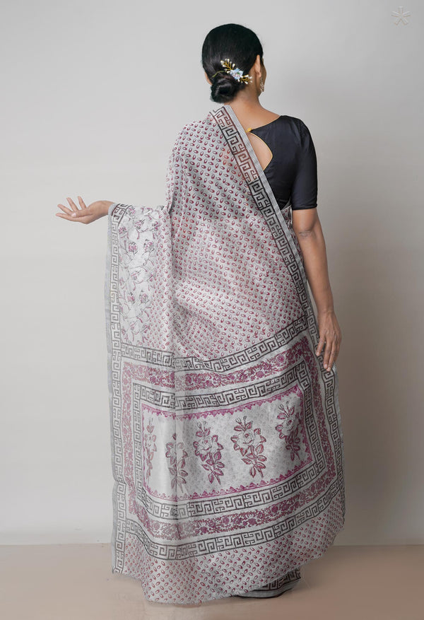 Off White  Block Printed Meghalaya Checks  Supernet Saree With  Bagru Printed BlousePiece-UNM71783