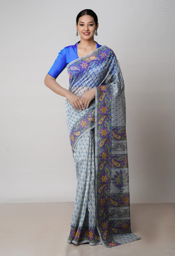 Grey  Block Printed Meghalaya Checks  Supernet Saree With  Dabu Printed BlousePiece-UNM71784