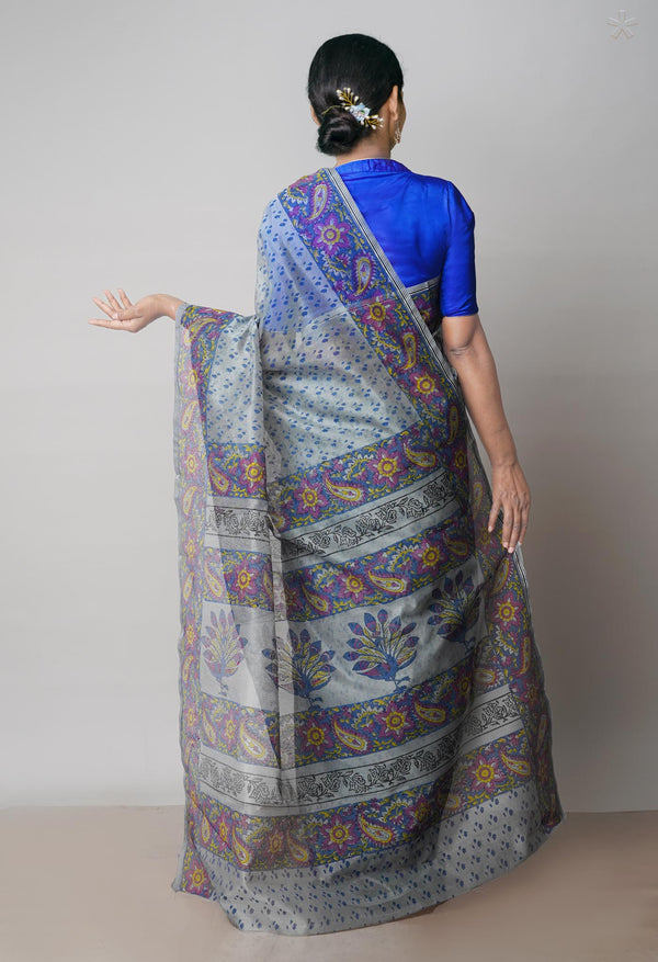 Grey  Block Printed Meghalaya Checks  Supernet Saree With  Dabu Printed BlousePiece-UNM71784