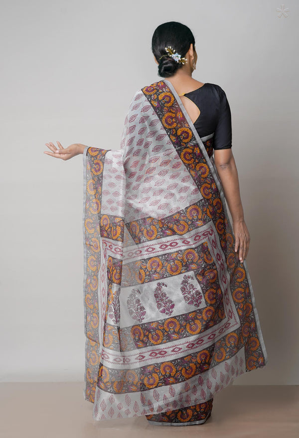 Off White  Block Printed Meghalaya Checks  Supernet Saree With  Bagru Printed BlousePiece-UNM71785