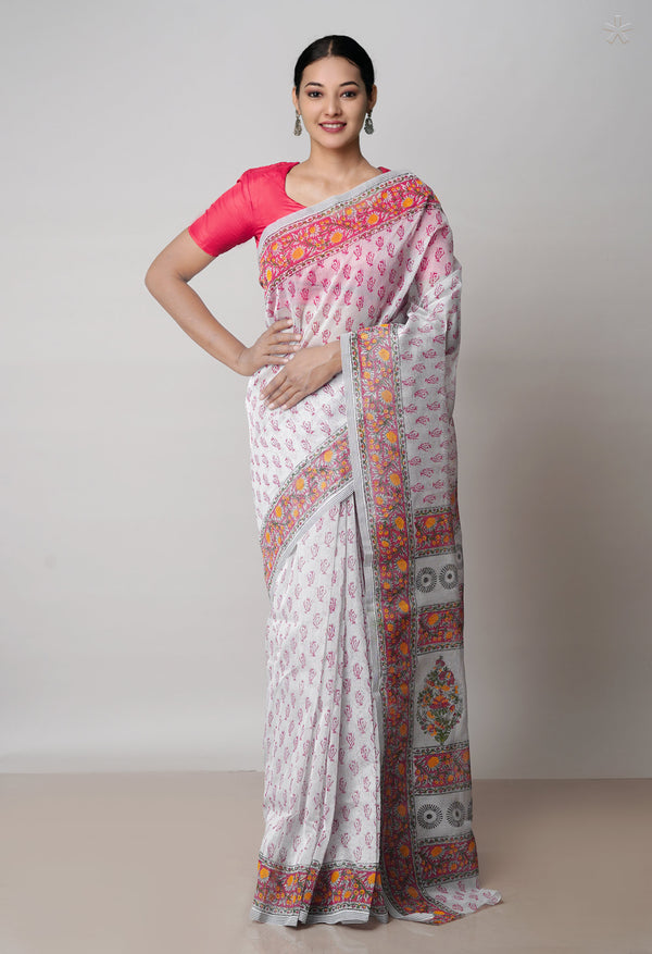 Off White  Block Printed Meghalaya Checks  Supernet Saree With Ikat Printed BlousePiece-UNM71787