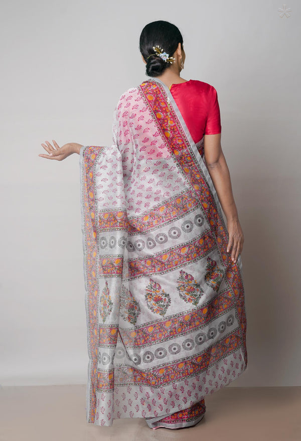 Off White  Block Printed Meghalaya Checks  Supernet Saree With Ikat Printed BlousePiece-UNM71787