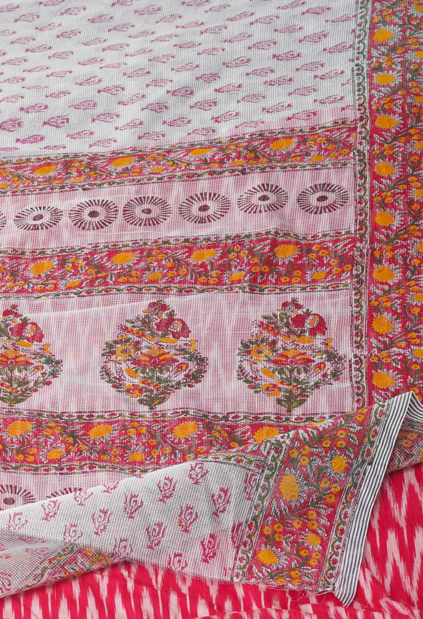 Off White  Block Printed Meghalaya Checks  Supernet Saree With Ikat Printed BlousePiece-UNM71787
