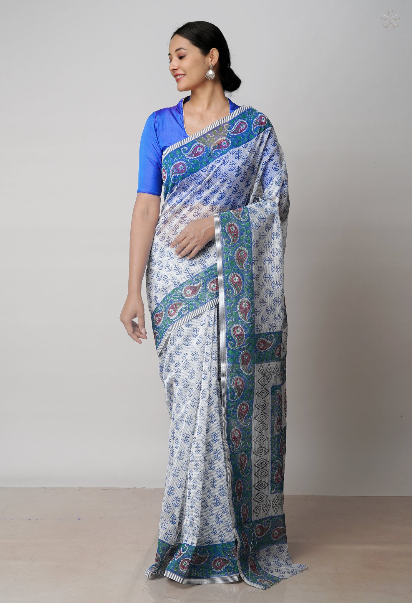 Off White  Block Printed Meghalaya Checks  Supernet Saree With Kalamkari Printed BlousePiece-UNM71788