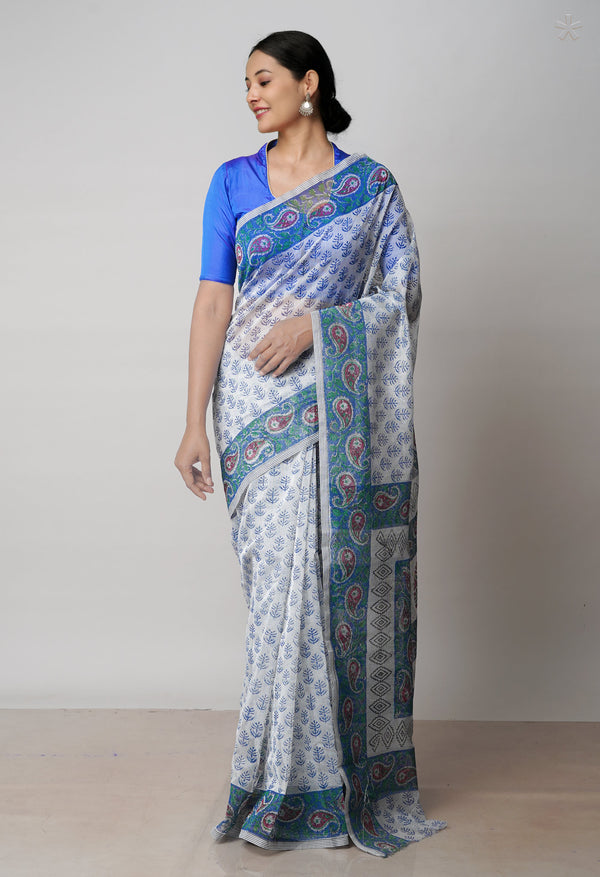 Off White  Block Printed Meghalaya Checks  Supernet Saree With Kalamkari Printed BlousePiece-UNM71788
