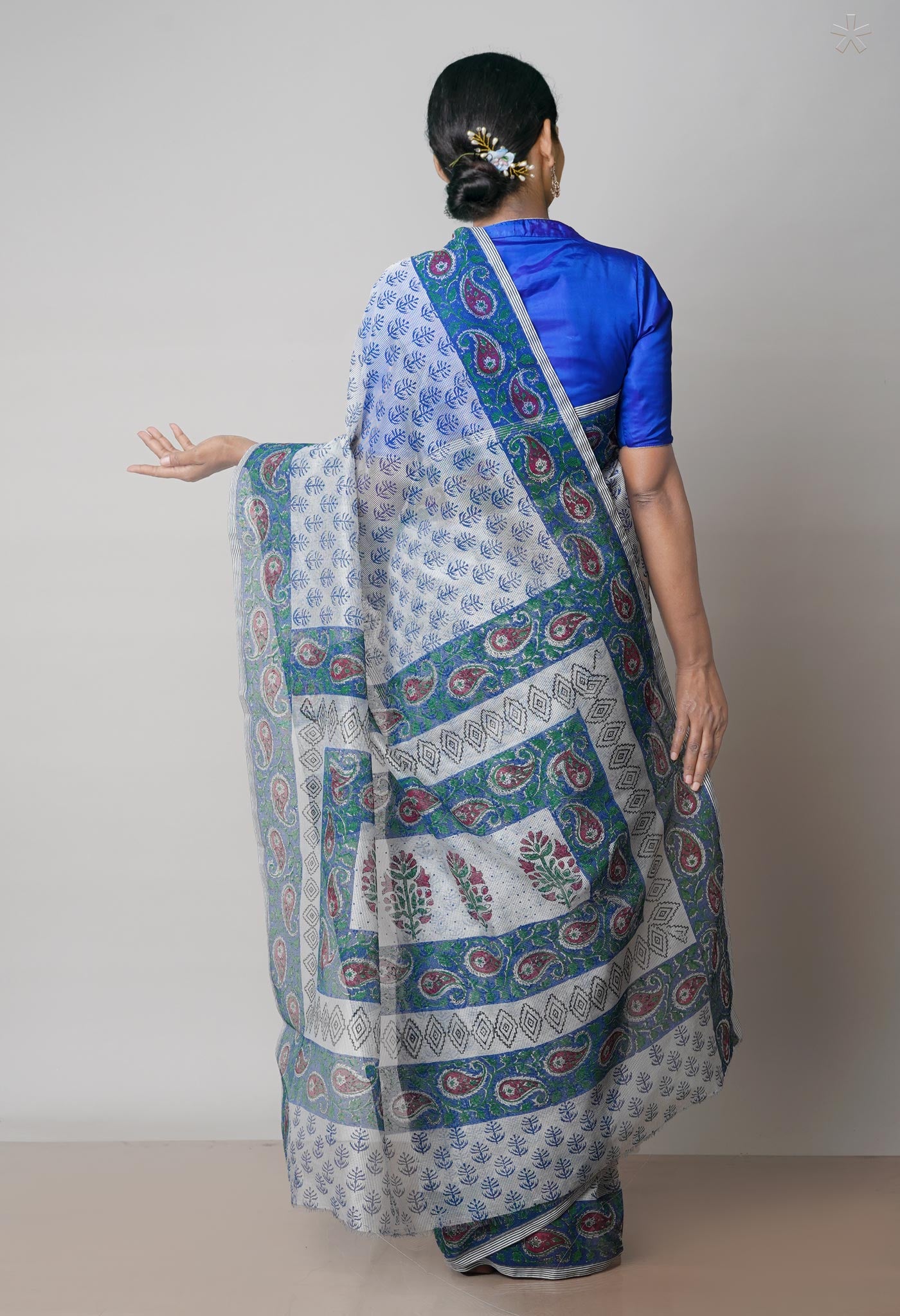 Off White  Block Printed Meghalaya Checks  Supernet Saree With Kalamkari Printed BlousePiece-UNM71788