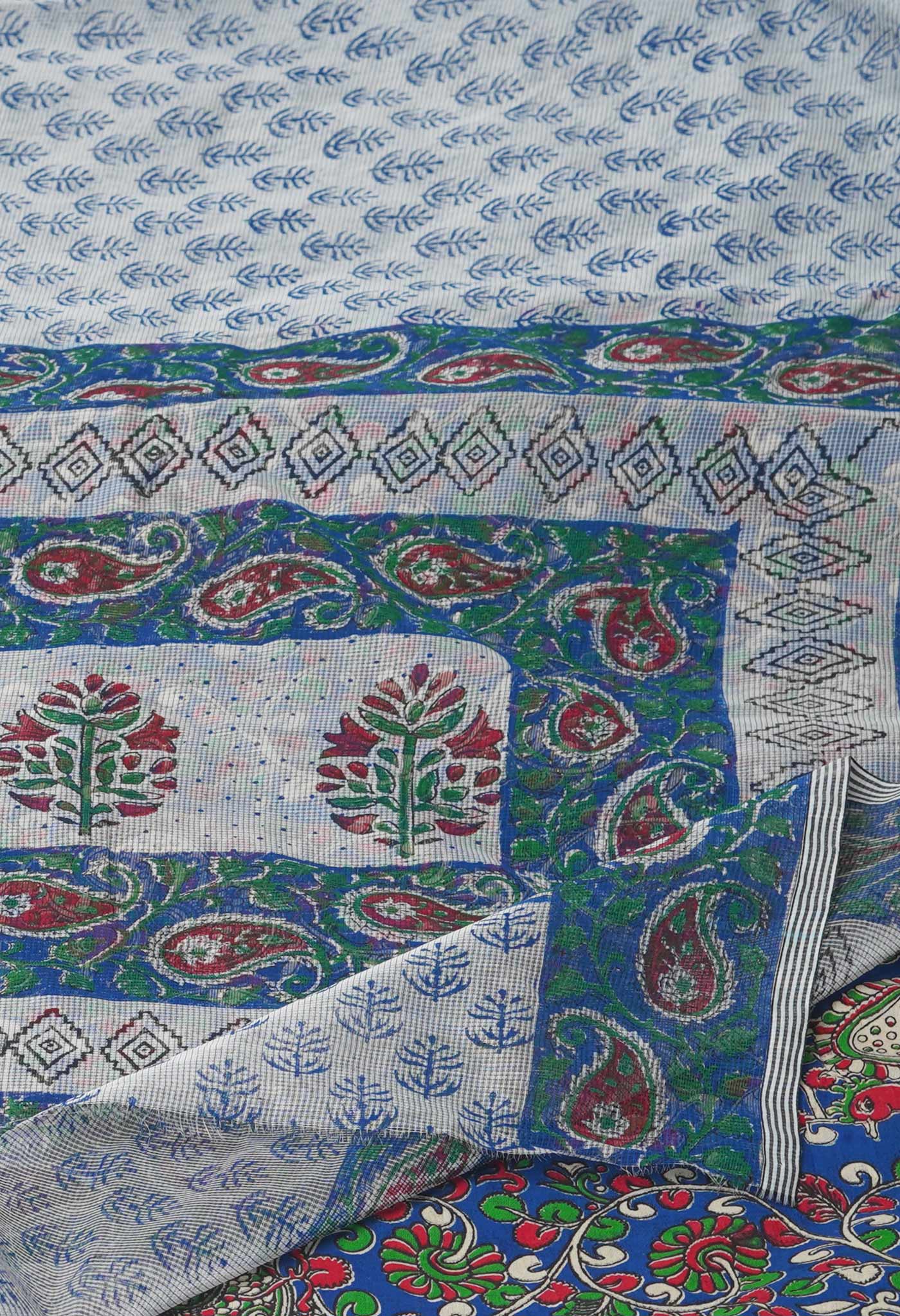Off White  Block Printed Meghalaya Checks  Supernet Saree With Kalamkari Printed BlousePiece-UNM71788