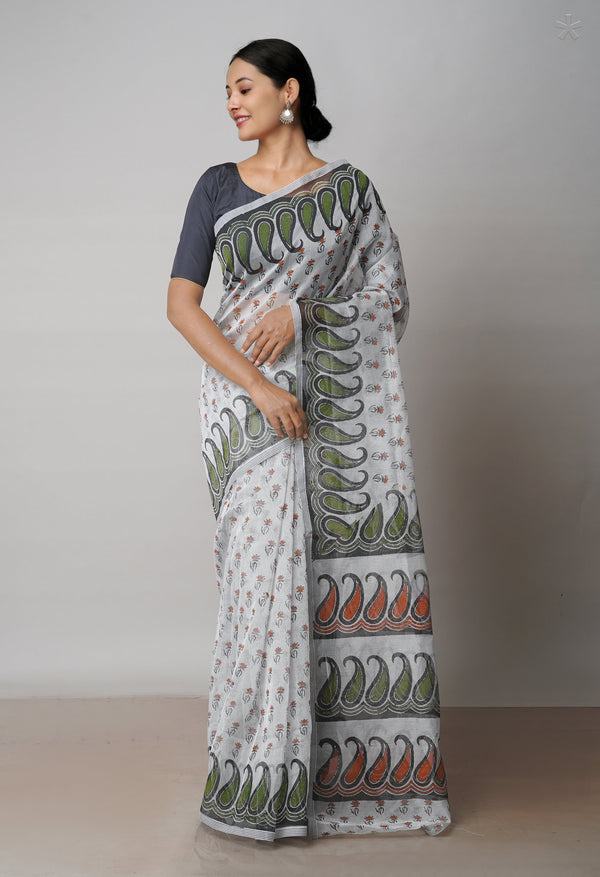 Off White  Block Printed Meghalaya Checks  Supernet Saree With Kalamkari Printed BlousePiece-UNM71789