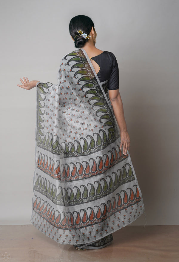 Off White  Block Printed Meghalaya Checks  Supernet Saree With Kalamkari Printed BlousePiece-UNM71789