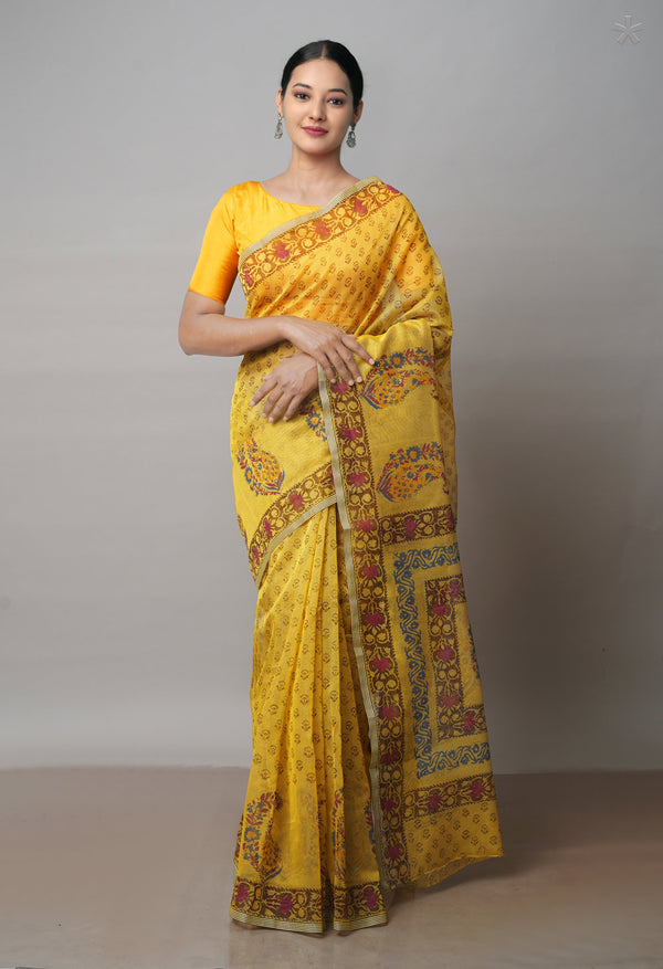 Yellow  Block Printed Meghalaya Checks  Supernet Saree With  Bagru Printed BlousePiece-UNM71790