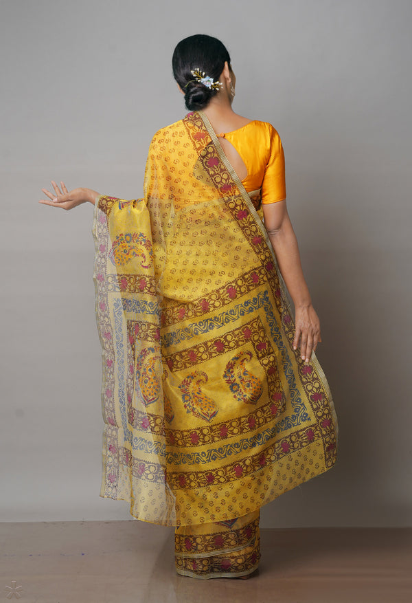 Yellow  Block Printed Meghalaya Checks  Supernet Saree With  Bagru Printed BlousePiece-UNM71790